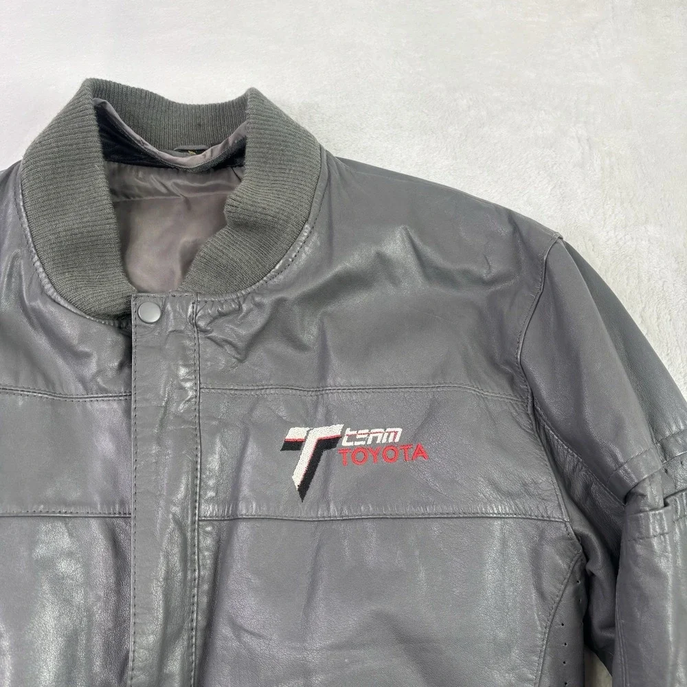 VTG 80s Team Toyota Grey Full Zip Long Sleeve Leather Jacket Motorcycle SZ Small